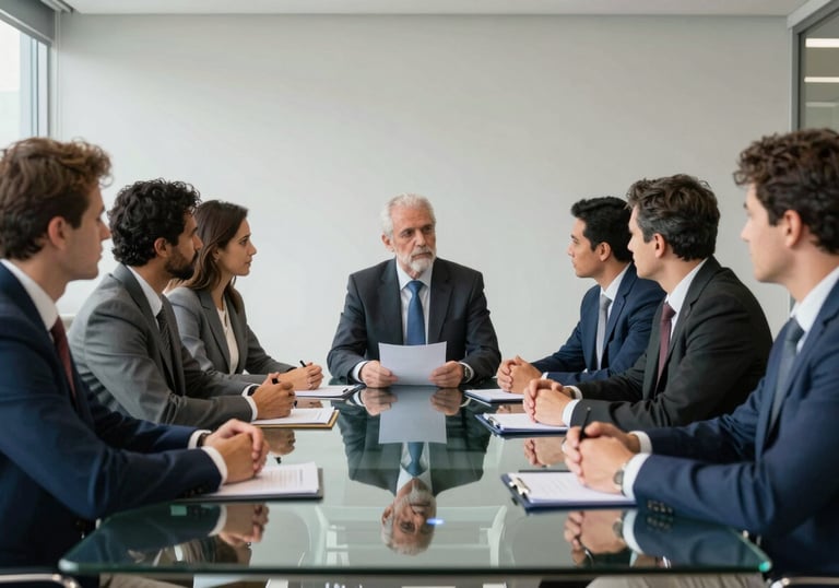 A group of professional managers in a brainstroming session around a glass table in a modern office in Curitiba, vibrant and collaborative mood, professional photography, navy and gray colors.