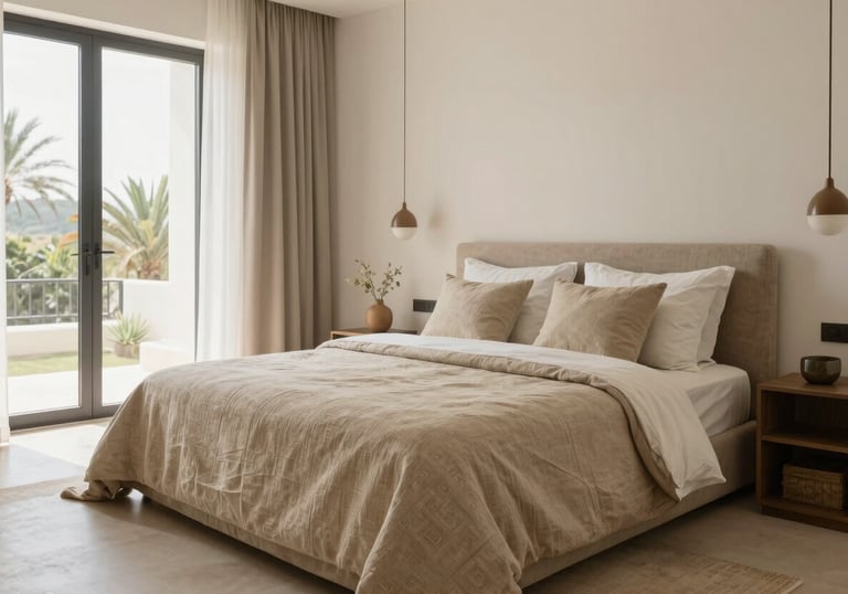 A bright, modern bedroom in a high-end Moroccan residence, featuring elegant linen bedding, neutral sand colors, and professional photography composition.