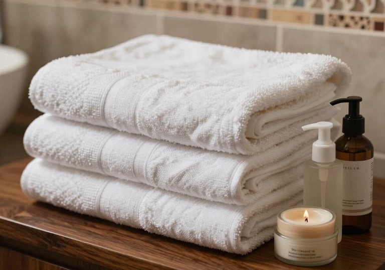 A close-up of a neatly folded stack of premium white linen towels and organic spa products on a dark wooden surface in a luxurious Moroccan bathroom.