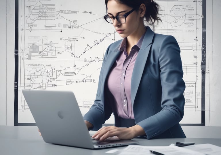 Close-up of hands coding on a laptop with digital design sketches nearby.