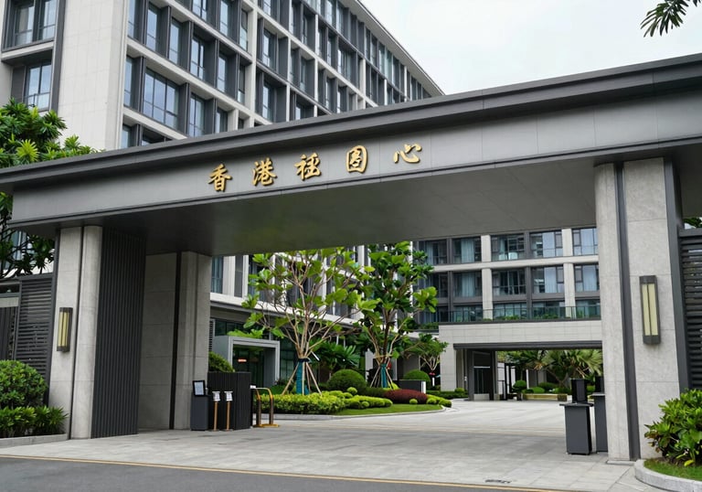 A close-up of a modern, high-end private school campus entrance in the East Asian / Hong Kong / Greater Bay Area, featuring sleek architecture and lush greenery, symbolizing educational excellence.