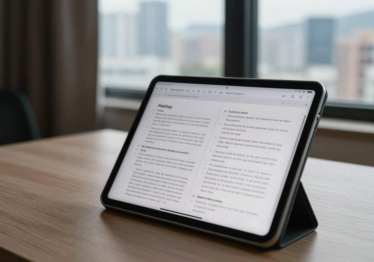 A close-up of a neat study space in a East Asian / Hong Kong / Greater Bay Area apartment, with a tablet showing DSE exam papers and a view of the city skyline through the window.