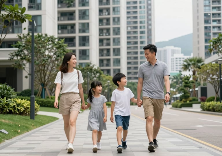 A happy East Asian / Hong Kong / Greater Bay Area family walking in a high-end residential area in Hong Kong, with clean streets and modern urban landscaping.