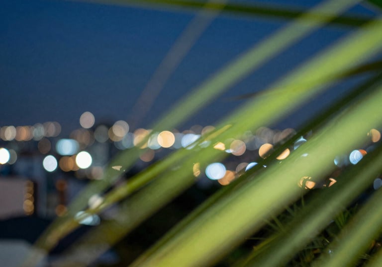Abstract bokeh of city lights in Joinville at night, dominated by deep ocean blue and fresh lime green streaks, dynamic and modern vibe.