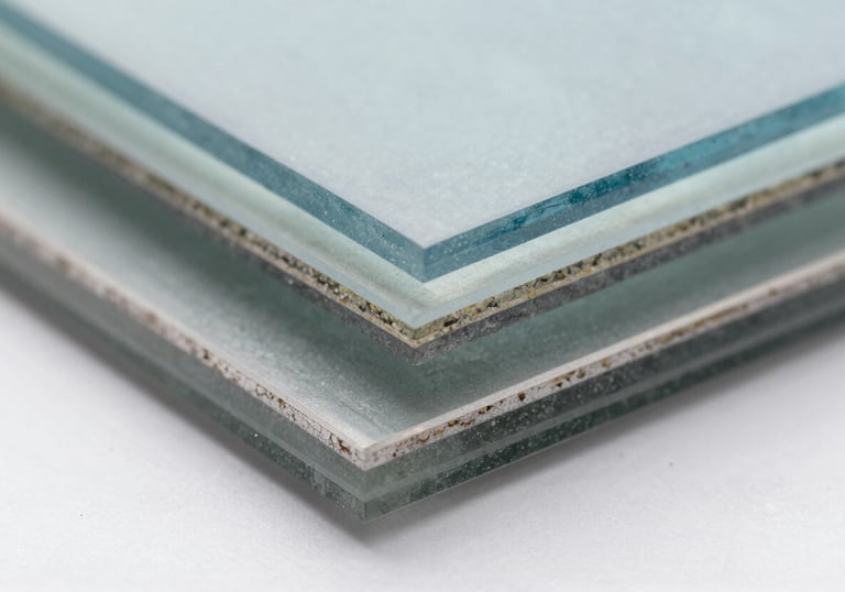 A close-up of a multi-layered impact glass sample showing the reinforced interlayer, bright and clean photography with steel blue and pale gray-blue highlights.