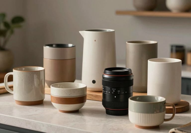 A variety of modern household and retail products arranged aesthetically on a clean counter, soft lighting, South American styling.