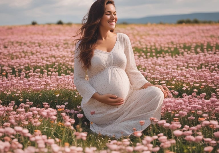 Pregnant woman in white dress sitting in pink flower field with hands on belly showing fertility car