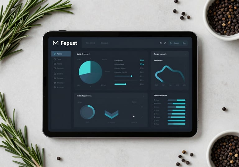 A top-down view of a chef's workspace. A digital tablet shows a modern analytics dashboard, surrounded by fresh ingredients like rosemary and dark peppercorns (#4A3C30). Professional, clean, and data-driven vibe.
