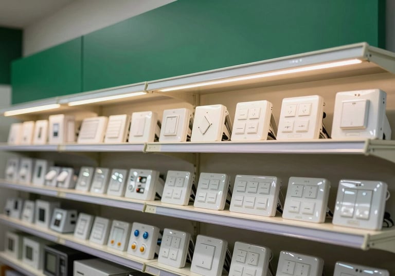 Interior of a modern South American / Brazilian electrical supply store. The shelves are well-organized with lighting fixtures and switches. The lighting is warm and welcoming, highlighting Soft Mint White and Deep Forest Green branding.