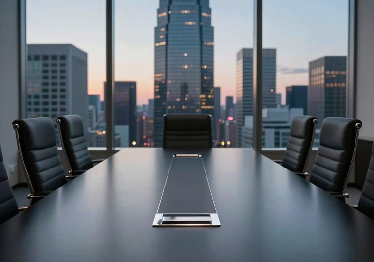 A sleek, dark conference room in a US skyscraper at twilight, featuring a polished black table and platinum-colored accents.
