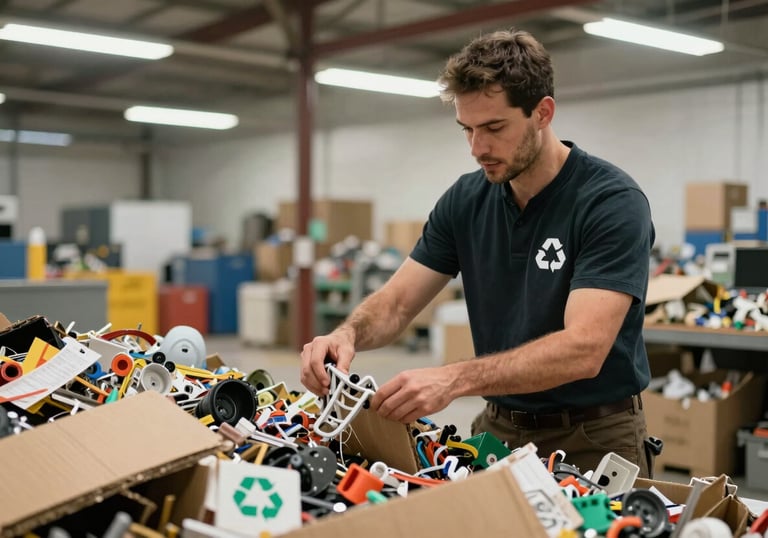 A photography shot of a professional recycler sorting cardboard and e-waste in a clean, brightly lit North American / US / Floridian recycling facility.