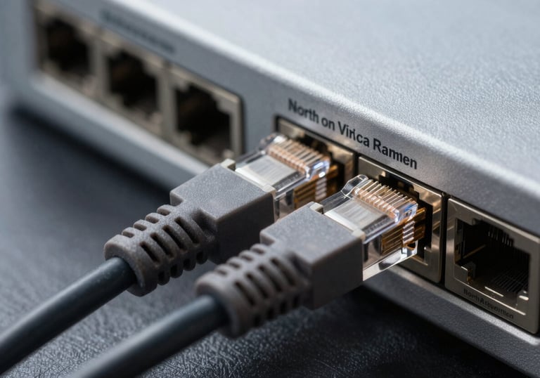A macro photograph of an ethernet cable being plugged into a high-performance switch, capturing the precision and high-tech feel of a North American office infrastructure.