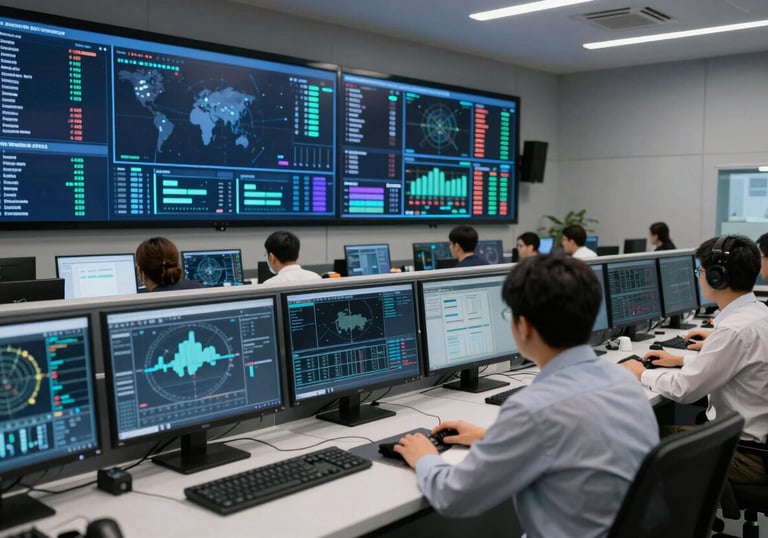 A high-tech control center in an International / Global energy hub, featuring multiple monitors with data visualizations in deep navy and steel blue tones.