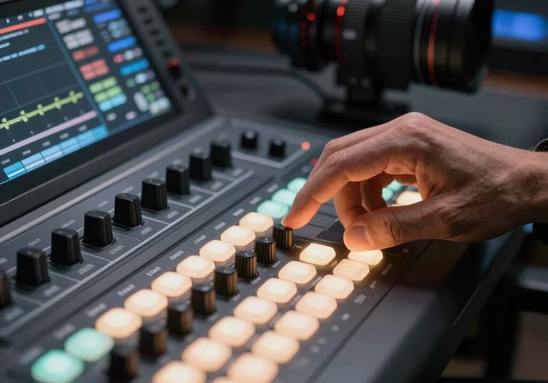 A close-up of a hand using a professional editing console with glowing buttons in a dim, modern studio environment, North American style.
