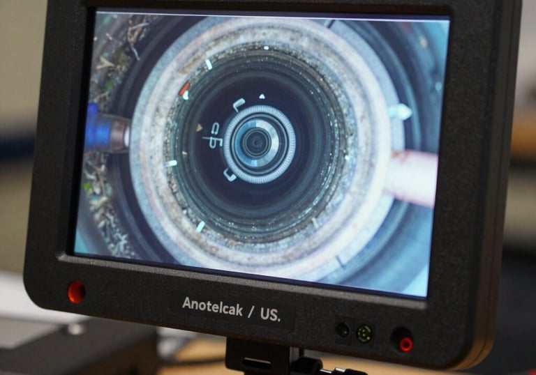 Close-up of a high-tech drain inspection camera monitor showing the inside of a pipe, professional plumbing equipment, North American / US service context.