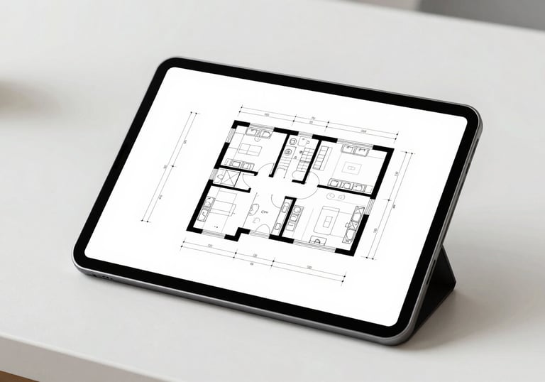A minimalist workspace featuring a high-end digital tablet displaying a clean architectural floor plan, North American / International Business vibe, bright and airy.
