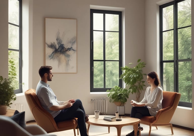 A calm therapy room with soft lighting and comfortable seating for sessions.