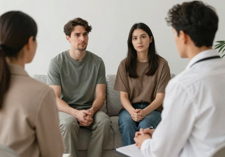 A calm therapy room with soft lighting and comfortable seating for sessions.