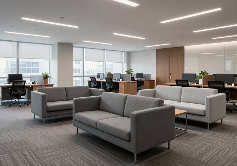 A clean and organized office lounge in a North American corporate building. Comfortable seating in slate gray and light gray fabrics with wide-angle framing showing a premium environment.