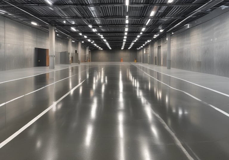 Shiny polished concrete floor reflecting light inside a modern industrial garage.