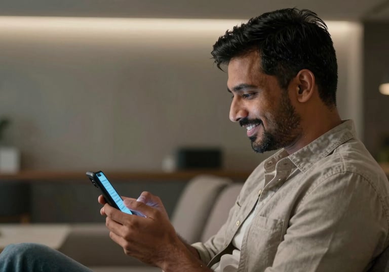 Profile shot of a South Asian / Indian man in casual attire, smiling while looking at a mobile device, softly lit by the screen's glow in a sleek interior.