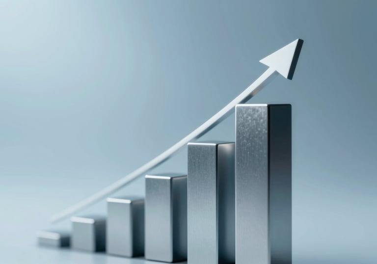 Close-up of a metallic bar chart rising steeply, representing financial success, with professional lighting in #8BB6CA tones.