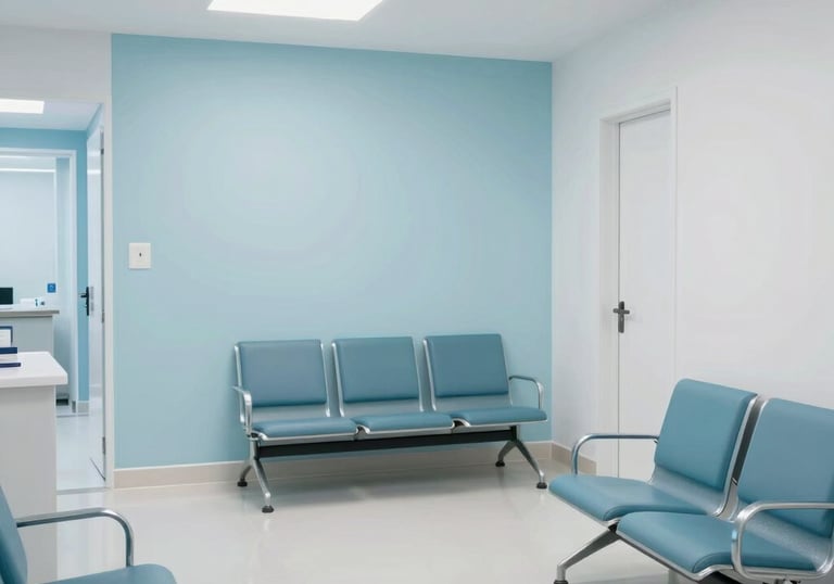 A modern, clean medical center interior in South America. Minimalist design, comfortable waiting area with pale blue and white color palette.
