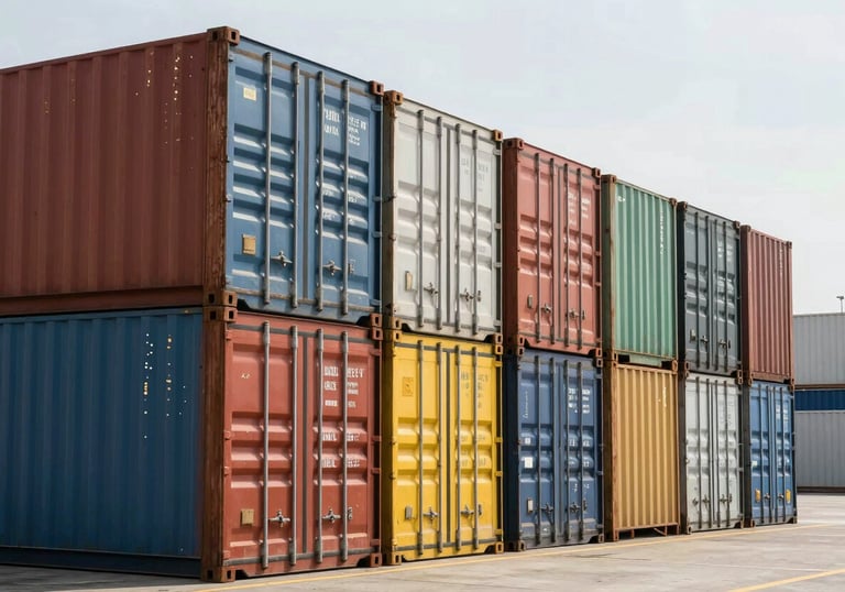 A row of colorful intermodal shipping containers stacked neatly at a bright North American transit terminal, daytime lighting.