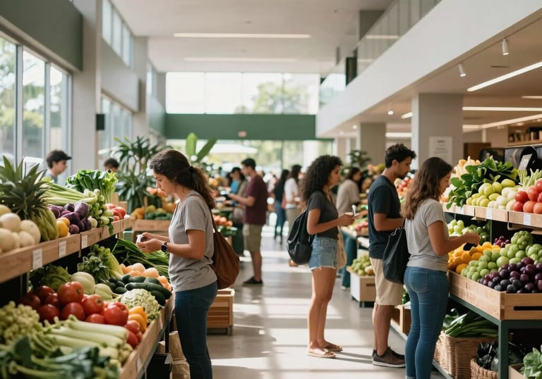 A wide shot of a modern, clean indoor farmers market in Brazil, people interacting naturally, soft sunlight, fresh produce stalls.