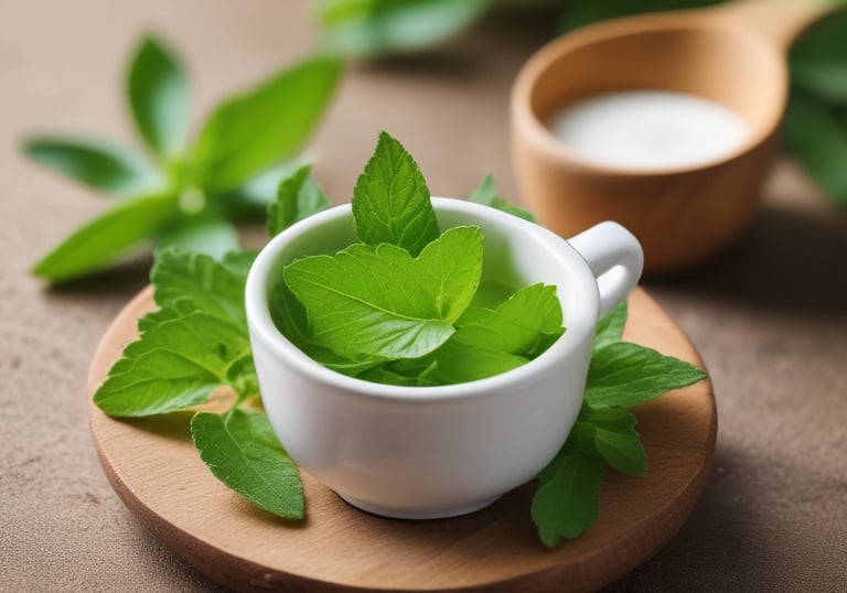 Close-up of a spoonful of white stevia sweetener crystals on a wooden table.