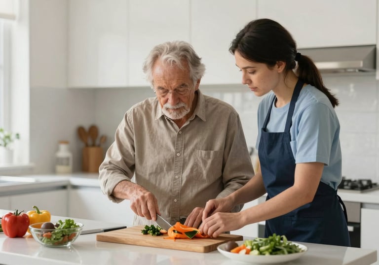 A warm, natural light photograph of a senior person and a caregiver preparing a healthy meal together in a clean, modern North American kitchen.