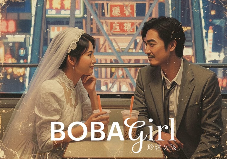 bride and groom sitting at a cafe drinking bubble tea