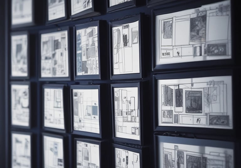 A user arranging colorful storyboard panels on a digital canvas.