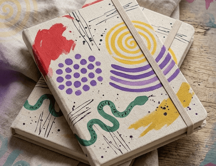 Dos diarios de tapa dura con patrones de arte abstracto y bandas elásticas sobre una superficie