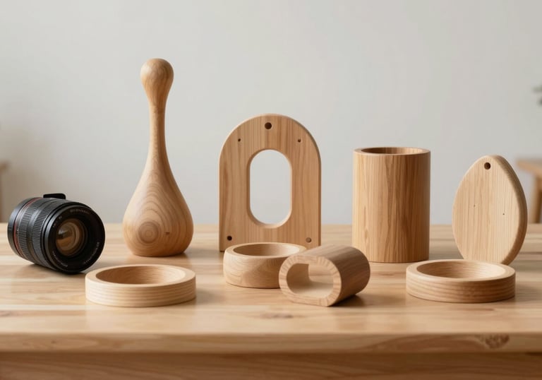 A collection of organic, wooden classroom materials arranged neatly on a light wood table. Soft, natural textures and off-white background.