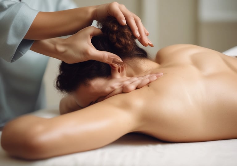 Close-up of hands receiving a soothing massage with skincare oils.