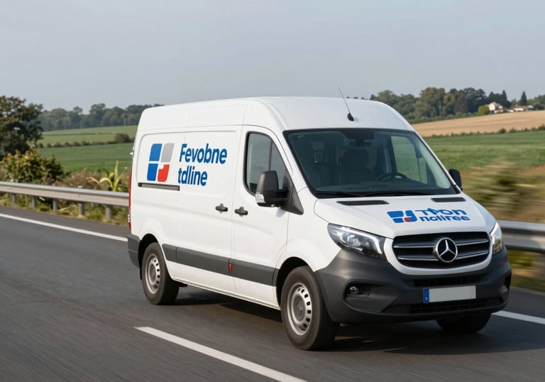 A branded professional service van driving on a modern highway through the French countryside, representing national coverage and mobility.