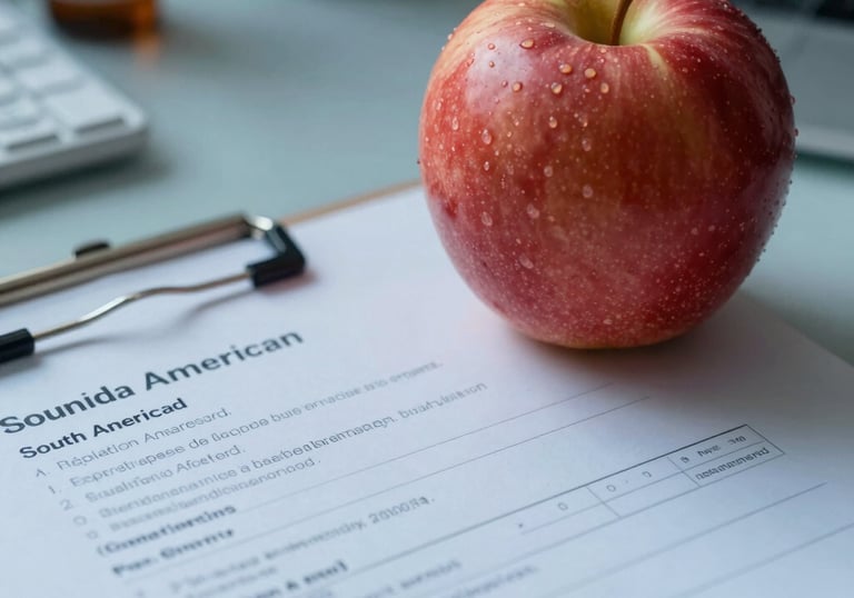 A close-up of a clinical report and a fresh red apple on a desk, symbolizing health and science, soft slate blue lighting, South American office setting.
