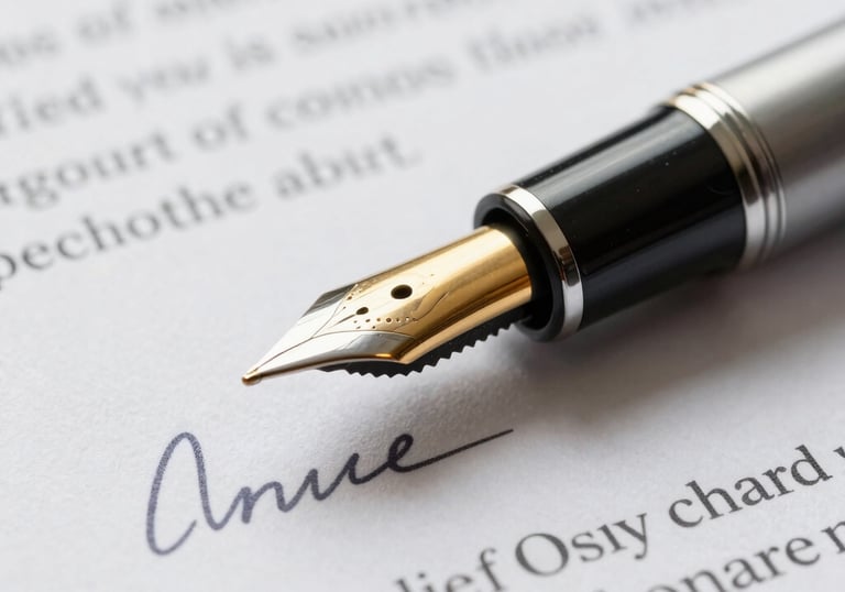A macro shot of a gold-nibbed fountain pen resting on a signed legal contract, suggesting closure and professional resolution.