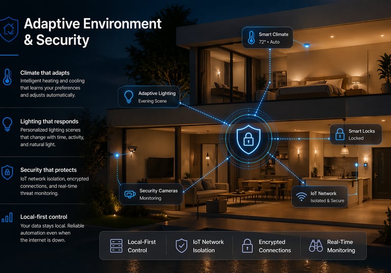 Secure smart home automation showing adaptive lighting, climate control, and IoT network isolation.