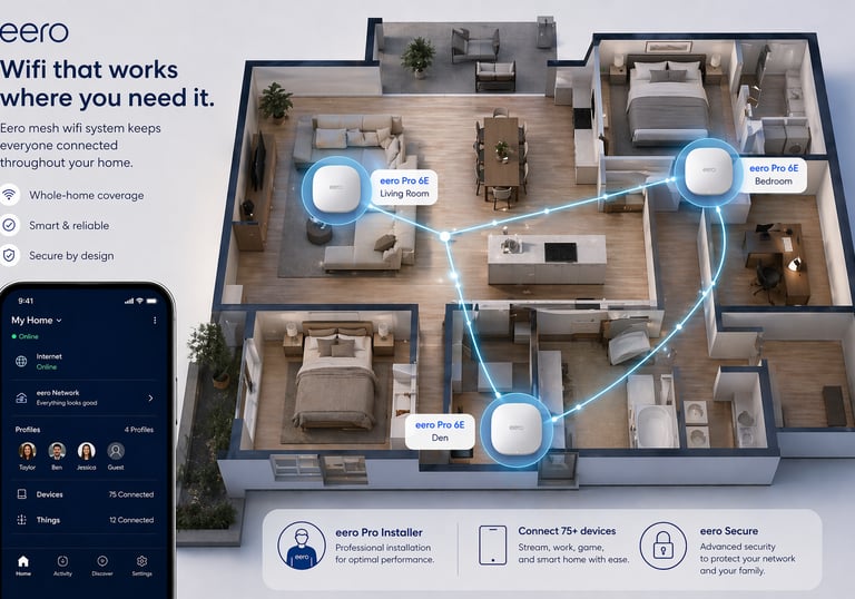 Managed eero Pro mesh Wi-Fi network design and floor plan optimization for luxury homes.