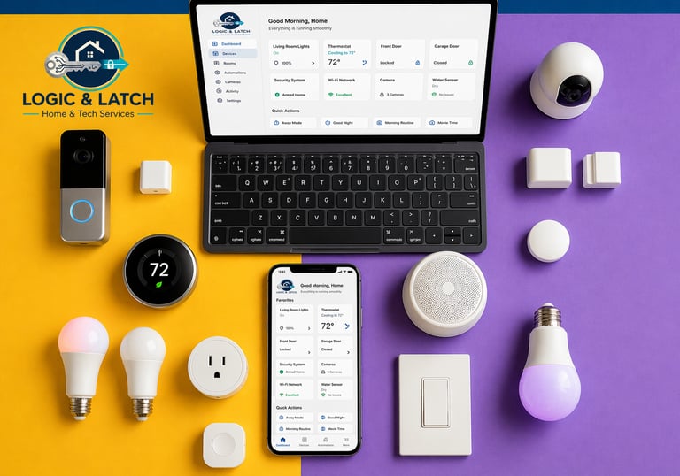 Unified smart home interface showing integrated video doorbell, smart locks, and dashboards.
