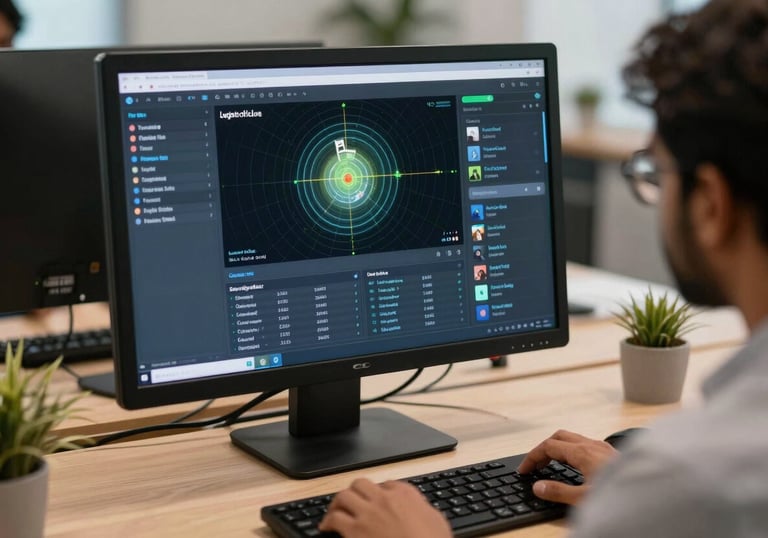 A modern computer station in a professional South Asian office showing an advanced GPS tracking interface and logistics data.