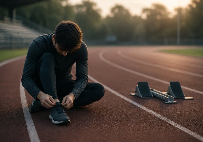 man tying shoe, fear of failure, track runner,