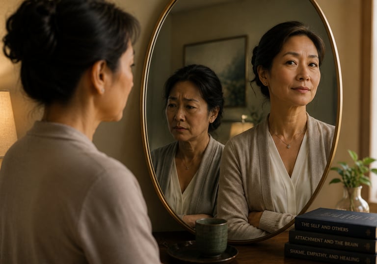 Mirror reflection symbolizing self-awareness, emotional defenses, attachment wounds, shame,