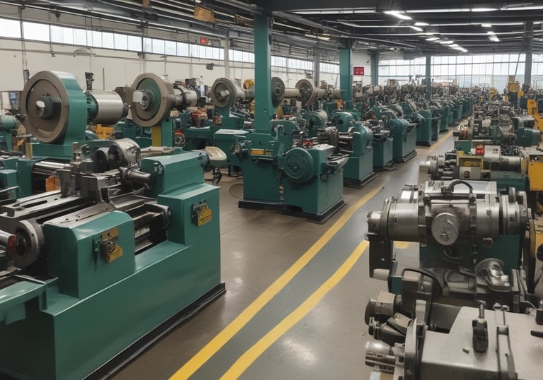 Assembly line workers inspecting valves in a clean, modern factory.