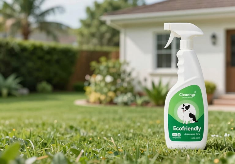 A lush, healthy green garden landscape adjacent to a sparkling clean house exterior, symbolizing the safety of our eco-friendly cleaning solutions on plants and pets.