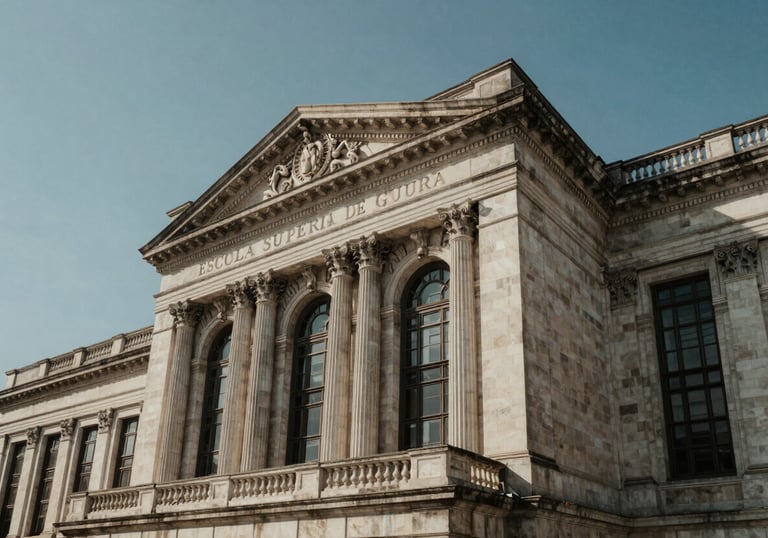 Architecture of the Escola Superior de Guerra in Rio de Janeiro, viewed from a low angle to convey authority. The sky is a muted steel blue, highlighting the neoclassical features.