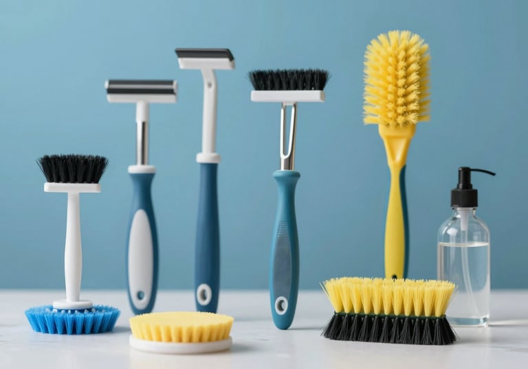 A collection of high-quality cleaning tools and specialized brushes neatly arranged, showing versatility and preparedness, in a clean studio setting with blue tones.