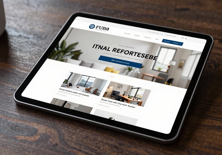 A crisp, high-resolution shot of a tablet displaying a sleek, professional real estate website design on a dark wood table in a US office.